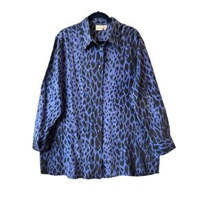 Reflections By Spiegel 100% Silk Blue Leopard Women's Button Up Tunic Shirt 2X